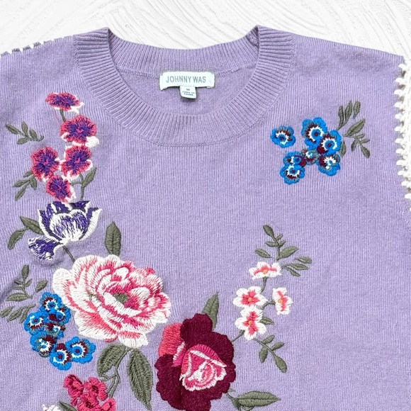 Johnny Was The Whipstitch Crewneck Sweater Embroidered Wool Sz Medium Purple - Picture 2 of 6